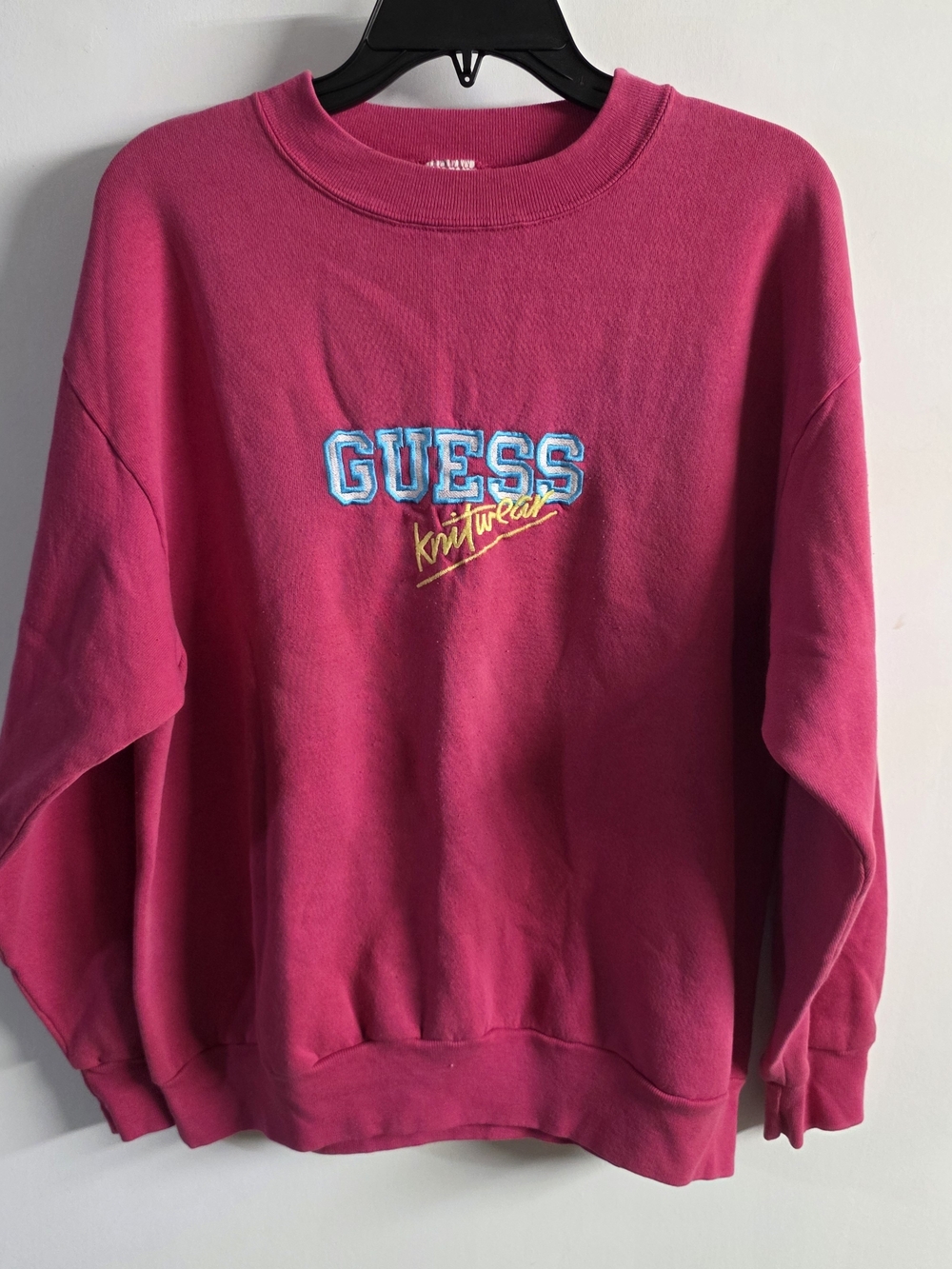 Vtg GUESS Women's Bright Pink Crewneck Sweatshirt with Embroidered Logo